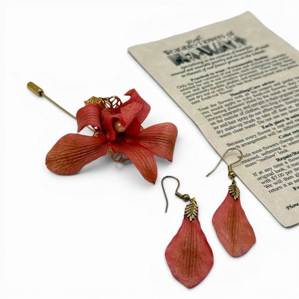 Экзотический набор: брошь - булавка орхидея и серьги от Real Flowers Hawai. 658945 фото