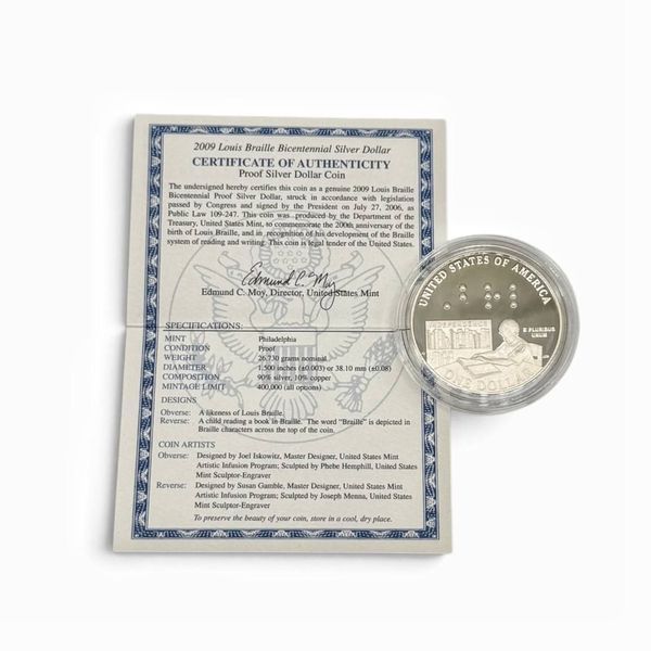 Срібна монета "Louis Braille Bicentennial Silver Dollar". США, США Mint, 2009 рік. 638683 фото